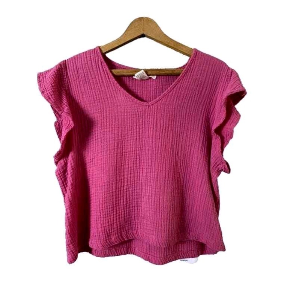 Passport Womens Boho Pink Double Gauze Cotton Ruffle Sleeve V-Neck Top L/XL